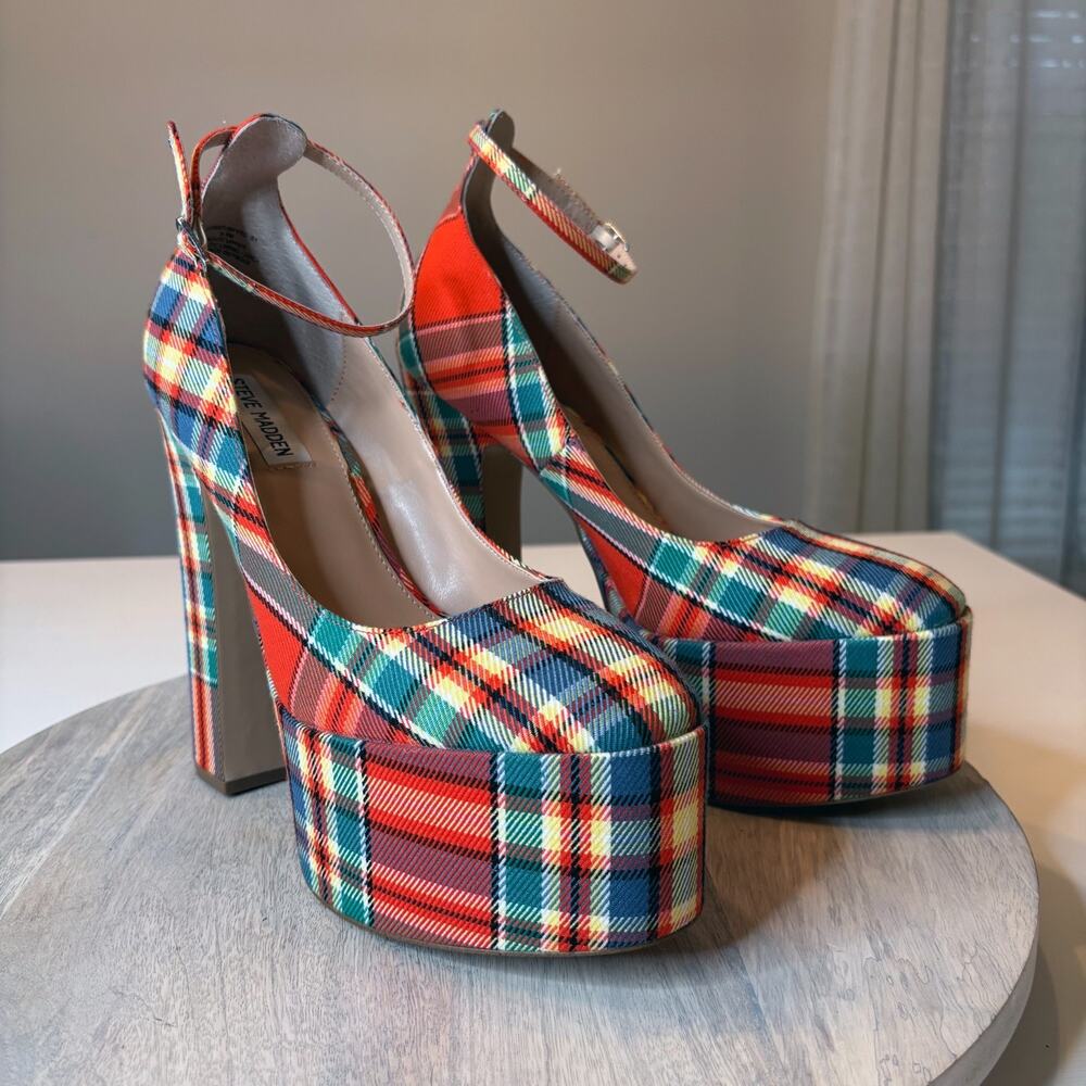 Steve Madden Skyrise Plaid Platform Heels Ankle Straps Pumps Women's Size 9.5